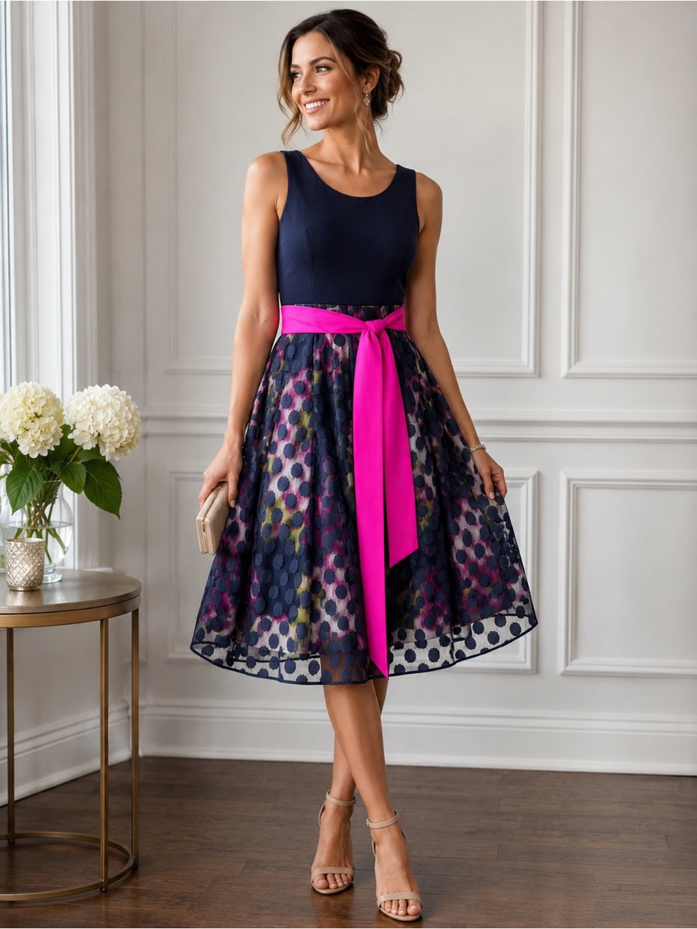 Eliza J Fit & Flare Cocktail Dress Size 8 Navy Pink Polka Dot Organza